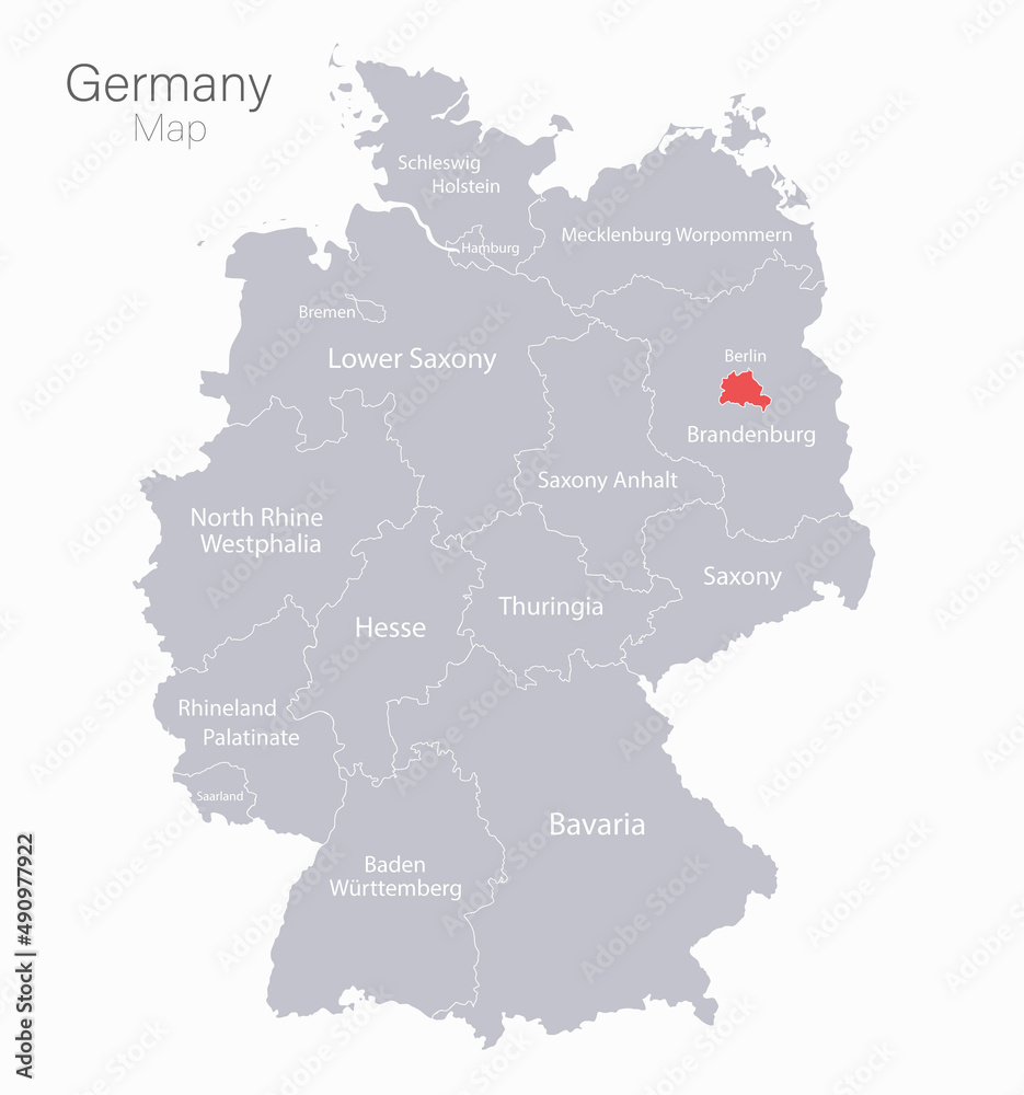 Map of Germany, regions and capital city with names, gray on a white background vector
