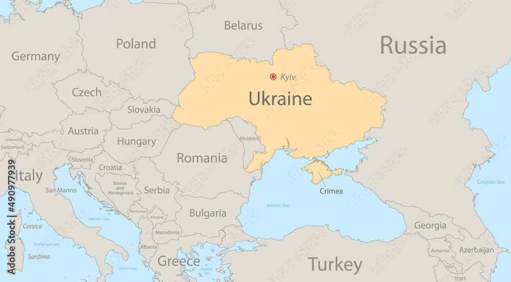 Obraz premium Map of Ukraine with surrounding states, classic color, individual states and city whit names vector