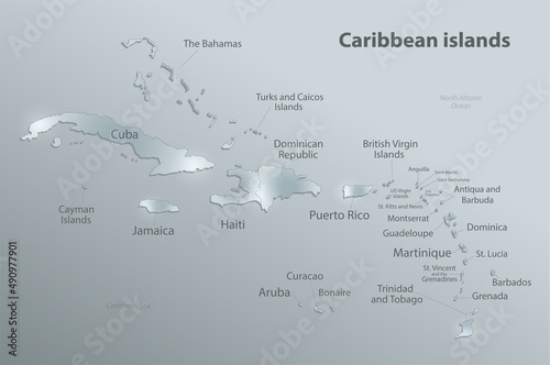 Caribbean islands map, individual islands and names, design glass card 3D vector