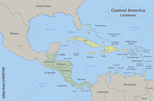Central America and Caribbean islands map classic color  individual states and city whit names vector
