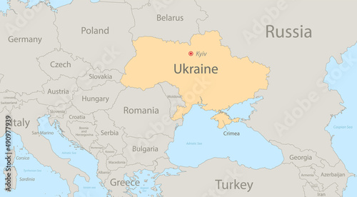 Map of Ukraine with surrounding states, classic color, individual states and city whit names vector