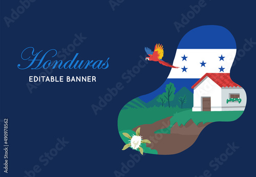 VECTORS. Honduras landscape, traditional house, national symbols, touristic banner