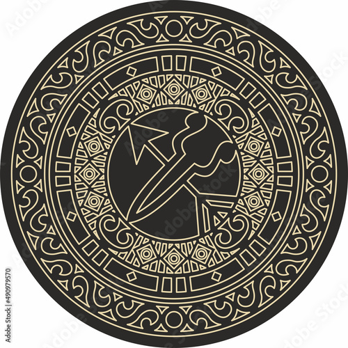 Vector round golden Yakut national ornament on a black background. Ethnic amulet of the peoples of the Far North, Siberia, taiga and tundra. Family amulet of the Republic of Sakha. Arrow and scissors.