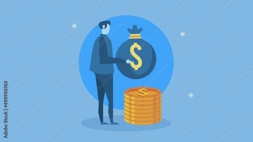 financial animation with businessman and money bag