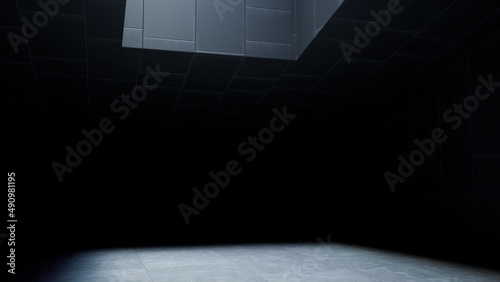 Contemporary Brutalist Interior with Black Cladding Walls and Tiled Concrete Floor. Empty Space, Architectural 3D Render.