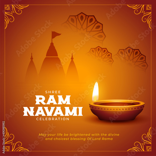 ram navami festival greeting with realistic diya and temple