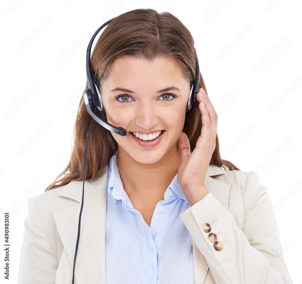 How can I assist you. Closeup studio portrait of a businesswoman talking on a headset isolated on white. How can I assist you. Closeup studio portrait of a businesswoman talking on a headset isolated on white.