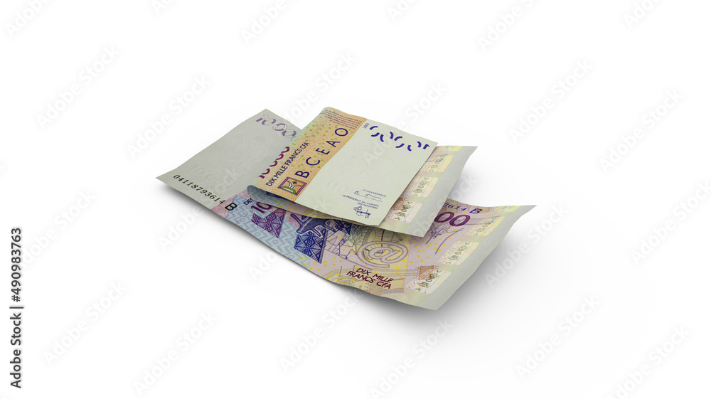 3D rendering of Double 10000 West African cfa franc notes isolated on white background 3D rendering of Double 10000 West African cfa franc notes isolated on white background