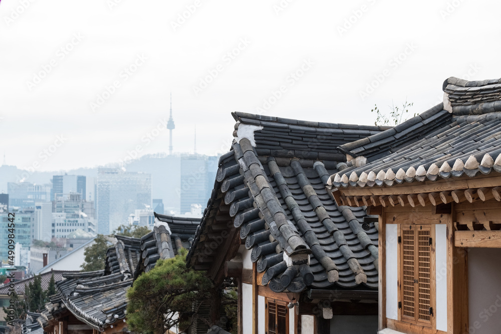Detail of building in Bukchon Hanok Village, a Korean traditional village in Seoul, South Korea