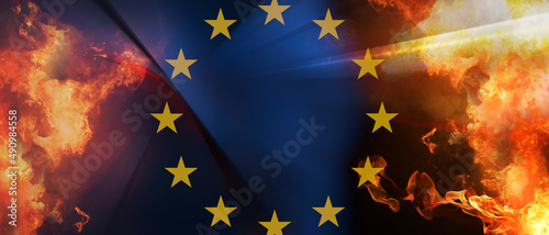 creative abstract flag of Europe and fire and flames and smoke 3d-illustration photo