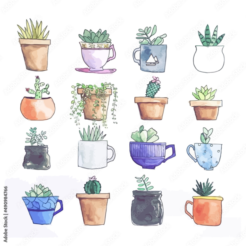 Fototapeta premium Assorted Floral Vector Outline illustration in a vase and jars, Potted Flower and Plants on Flat Style Set Pack
