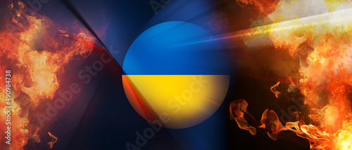 creative abstract Ukraine and flag of Europe and fire and flames and smoke 3d-illustration photo