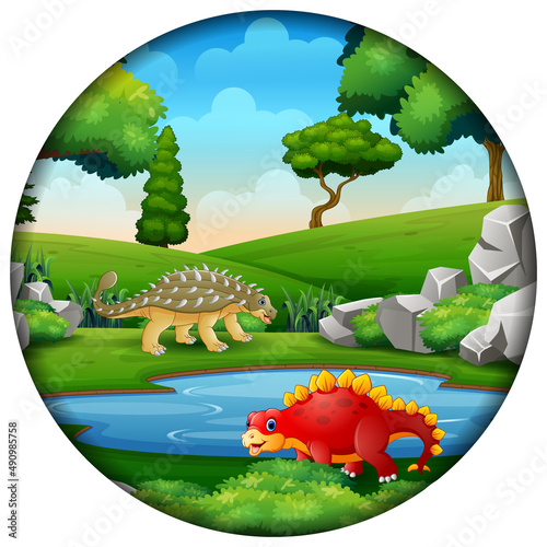 Cartoon dinosaurs by the pond in circular frame