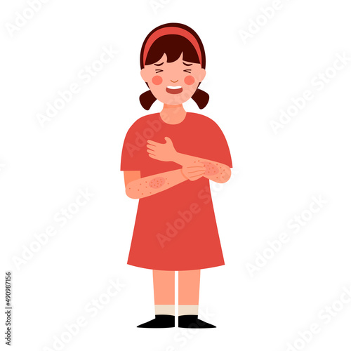 Girl children scratching arm. Kids suffering from strong allergy skin itchy symptom in flat design. Red rash skin irritation.