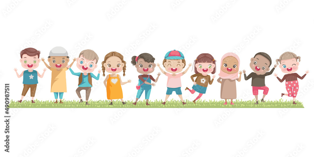 Children various nationalities in the summer park in casual clothes. Children various nationalities in the summer park in casual clothes.