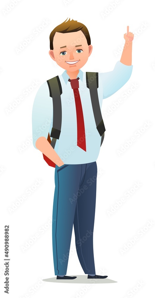 Pretty little boy student. Cheerful schoolboy. Standing pose. Cartoon flat design in comic style. Single character. Illustration isolated on white background. Vector Pretty little boy student. Cheerful schoolboy. Standing pose. Cartoon flat design in comic style. Single character. Illustration isolated on white background. Vector