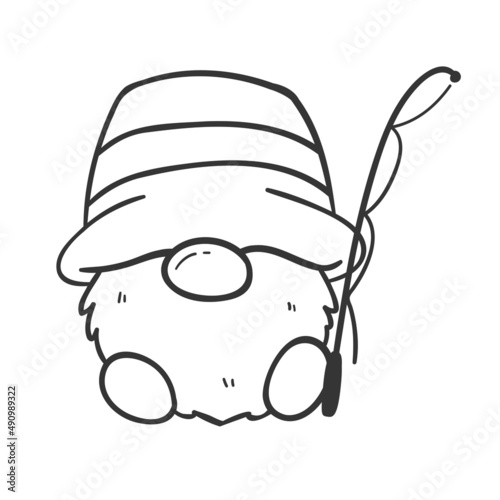 cartoon lines camping gnomes holding hiking gear coloring book for kids