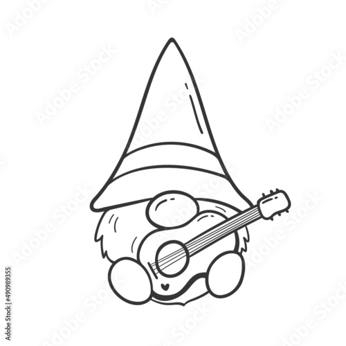 cartoon lines camping gnomes holding hiking gear coloring book for kids