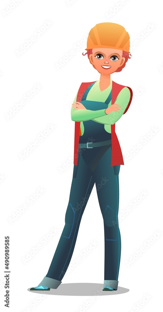 Little girl in overalls. Teen Handyman, locksmith or repairman. Cheerful person. Standing pose. Cartoon comic style flat design. Single character. Illustration isolated on white background. Vector Little girl in overalls. Teen Handyman, locksmith or repairman. Cheerful person. Standing pose. Cartoon comic style flat design. Single character. Illustration isolated on white background. Vector