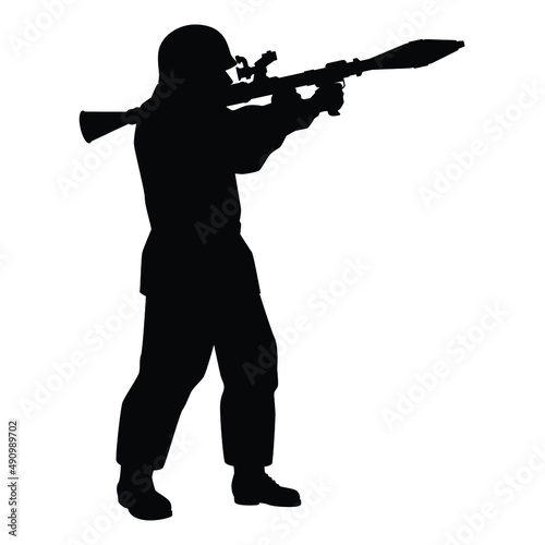 Soldier with anti tank rocket silhouette vector illustration, military man in the battle.	
