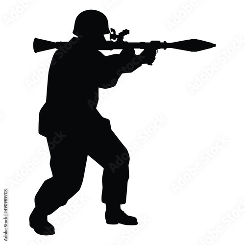 Soldier with anti tank rocket silhouette vector illustration, military man in the battle.	
