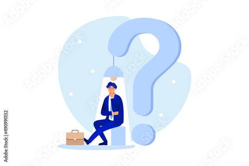 Hope in crisis, solution or opportunity in problem or difficulty, idea discovery to solve trouble concept, depressed businessman just discover light of hope and opportunity from question mark problem.