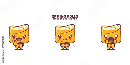 cute spring rolls cartoon illustration, with different expressions
