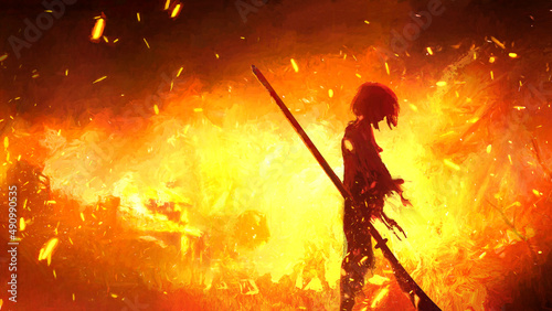 Photo A lonely silhouette of a boy or girl child against the background of a mad fire in the village after a raid by robbers, he stands frenzied with grief and fear with a long naginata in his hand