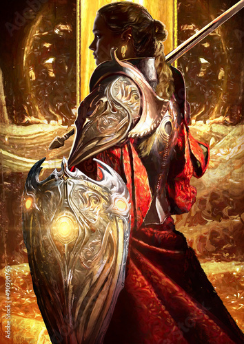 Leinwand Poster An incredibly beautiful warrior woman on a golden background, she is a high elf in elite plate armor with red vintage fabric, has a beautiful shield with patterns and magic stones and a sword