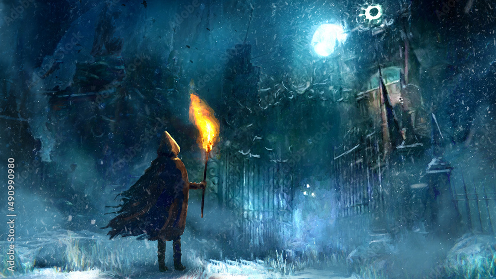 Obraz premium A fantasy character in a hooded raincoat with a burning torch, stands at the creepy open gate to an ominous snow-covered city with Gothic ruins of a cathedral, there is a strong blizzard around 2d art