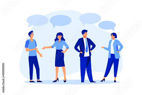 Teamwork share opinion, team meeting sharing idea to solve problem, discussion and thought in business meeting concept, businessmen and women working team speak with shared their thought speech bubble