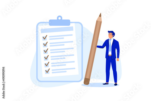 Checklist for work completion, review plan, business strategy or todo list for responsibility and achievement concept, confident businessman standing with pencil after completed all tasks checklist. photo