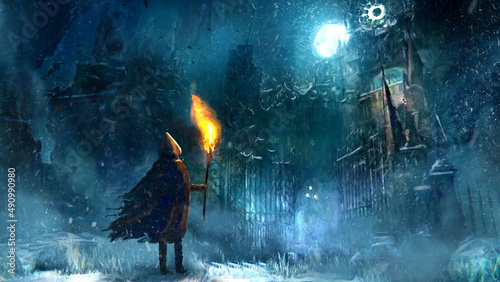 A fantasy character in a hooded raincoat with a burning torch, stands at the creepy open gate to an ominous snow-covered city with Gothic ruins of a cathedral, there is a strong blizzard around 2d art
