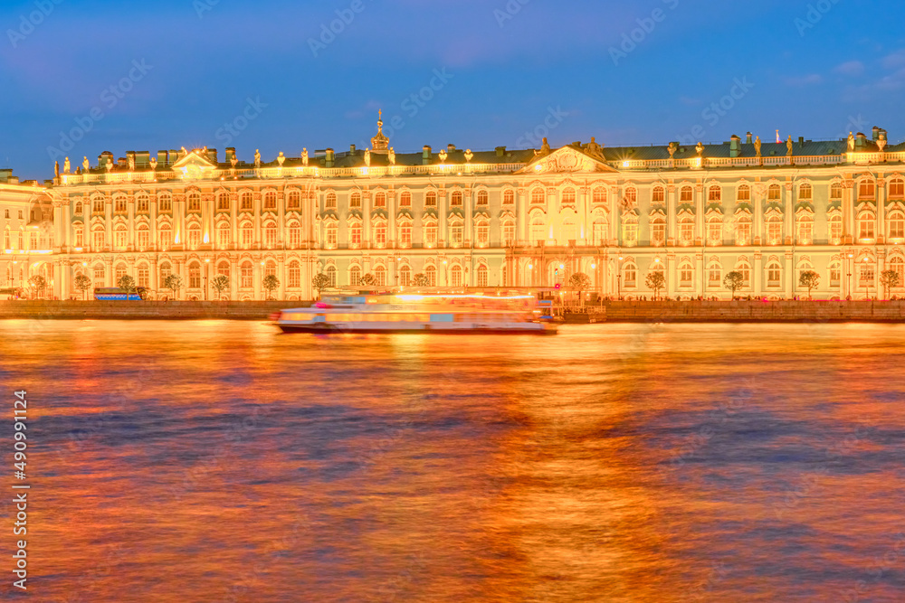 Winter Palace and Neva River in St. Petersburg during the White Night, Russian.