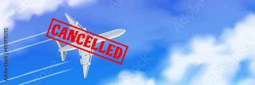 cancelled flights stamp airplane in the sky banner with copy space vector illustration