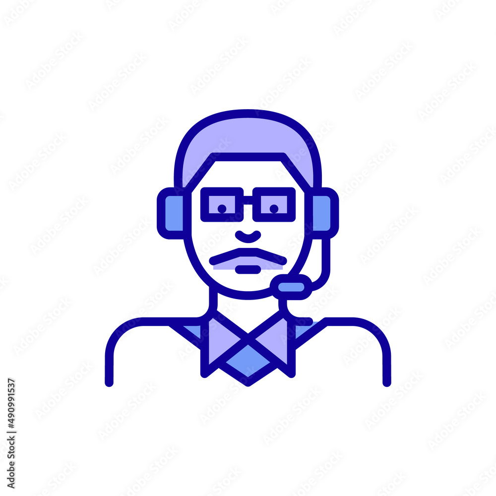 Young man with a moustache working as a support call center agent. Pixel perfect, editable stroke, color icon Young man with a moustache working as a support call center agent. Pixel perfect, editable stroke, color icon