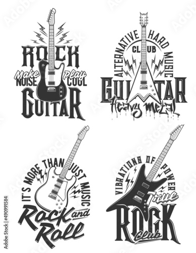 Tshirt prints with electric guitars, vector emblems for hard rock music club or band apparel design. T shirt monochrome prints with typography for musical festival isolated labels with amp and flashes