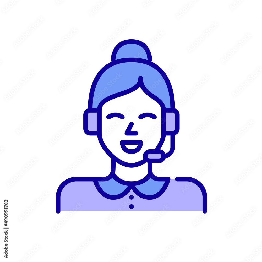Cute young girl with a headset working at customer support. Pixel perfect, editable stroke, color icon