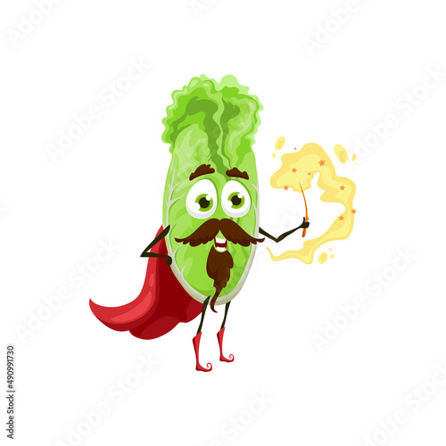 Green chinese cabbage cartoon character with magic wand and cape isolated cute emoticon with mustaches. Vector greenery farm garden magician, fresh kawaii vegetable sorcerer with beard, cute veggie