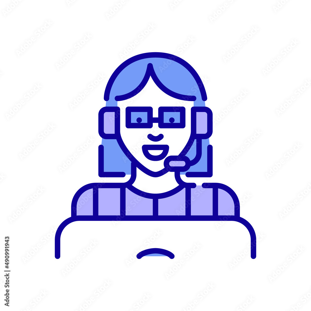Young girl with bob haircut in glasses working at a call center. Speaking in a headset working at laptop. Pixel perfect, editable stroke, color