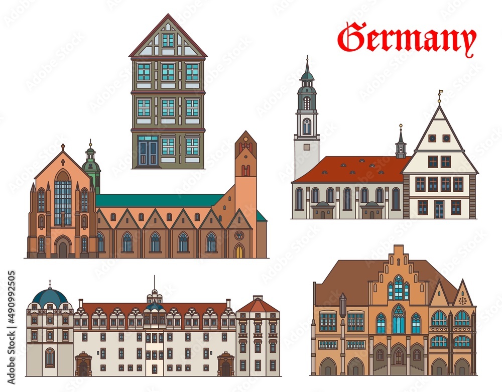 Germany architecture buildings of Celle and Hildesheim, travel vector landmarks. Synagogue and Stadtkirche or St Marien or city church and castle of Celle, Hildesheim rathaus and Hildesheimer Dom