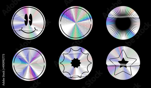Holographic stickers with wrinkles set. Geometric shapes label with rainbow hologram. Vector elements for modern trend design.