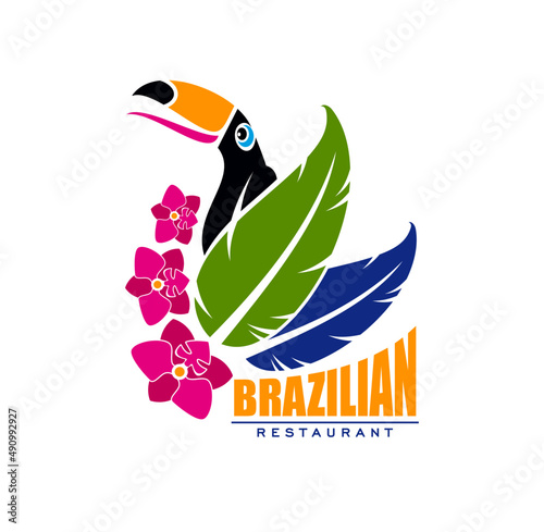 Brazilian cuisine restaurant icon with toucan in flowers. Brazil food cafe or restaurant vector emblem, symbol for menu decoration with tropical jungles bird, palm tree leaves and orchid flowers