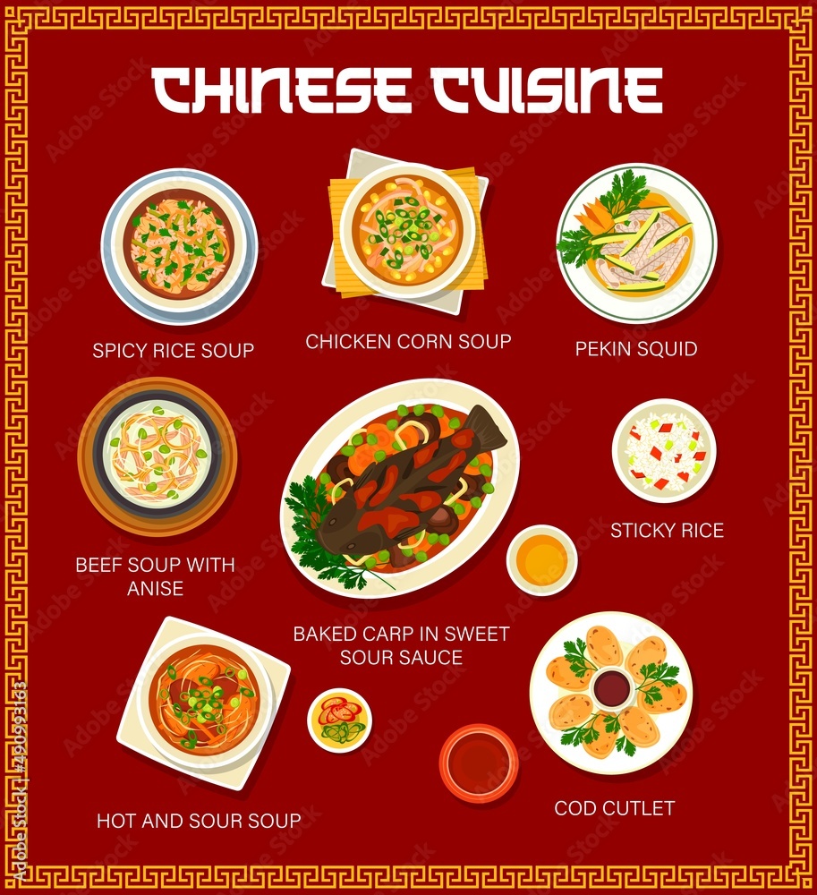 Chinese cuisine menu, Asian food dishes and meals, vector rice with chicken and beef. China traditional food menu poster with Peking squid seafood, sticky rice, spicy chicken corn soup and cod cutlet Chinese cuisine menu, Asian food dishes and meals, vector rice with chicken and beef. China traditional food menu poster with Peking squid seafood, sticky rice, spicy chicken corn soup and cod cutlet