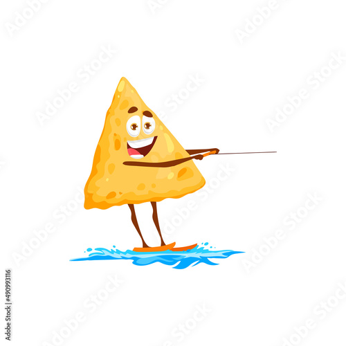 Mexican chips nachos surfing on water skis isolated funny cartoon character. Vector cute fastfood snack surfer, smiling emoticon summer vacation holiday sport activity, happy nachos food emoticon