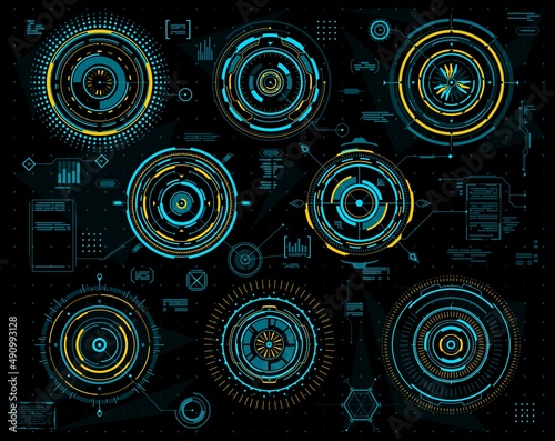 HUD futuristic graphs and circular interface panels. Sci Fi, technology and visual data. Hologram circles of head up display digital screen with blue and yellow neon charts
