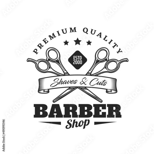 Barbershop icon with scissors for shaves and cuts, vector emblem. Barber shop salon for hipster and gentleman haircut and mustaches or beard grooming with crossed scissors and premium quality ribbon