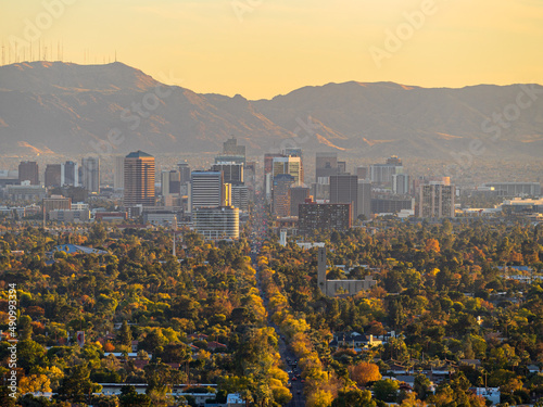 View of Phoenix, Arizona skyline looking south down Central Avenue