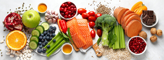 Anti Aging foods on light background.