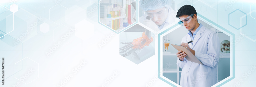 Fototapeta premium Scientist banner working in laboratory, hospital and lab. Medical healthcare technology banner innovation and telehealth concept background.